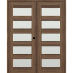 Vona 07-07 56 in. x 84 in. Left Active 5-Lite Frosted Glass Pecan Nutwood Wood Composite Double Prehung Interior Door