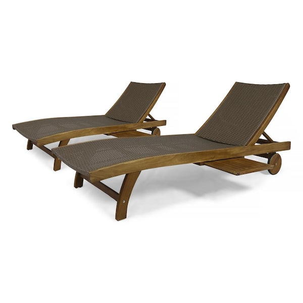 Zeus & Ruta Brown PE Wicker Acacia Wood Leather Outdoor Chaise Lounge with Wheels and Adjustable Backrest