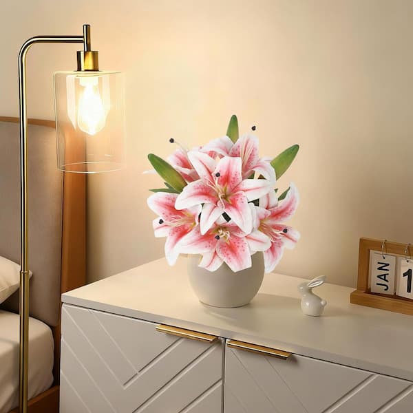 13.7 in. Pink Real Touch Artificial Lily Bouquet, Indoor Decor