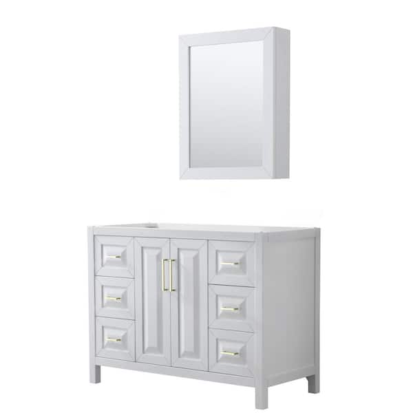 Wyndham Collection Daria 47 in. W x 21.5 in. D x 35 in. H Bath Vanity Cabinet without Top in White with Gold Trim and Med Cab Mirror