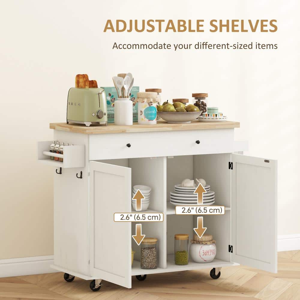 Distressed White Rubberwood Kitchen Cart with Spice Rack and Storage