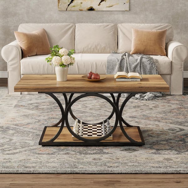 BYBLIGHT Allan 47.2 in. Brown Rectangle Wood Coffee Table, 2-Tier Coffee Table with Geometric Metal Legs