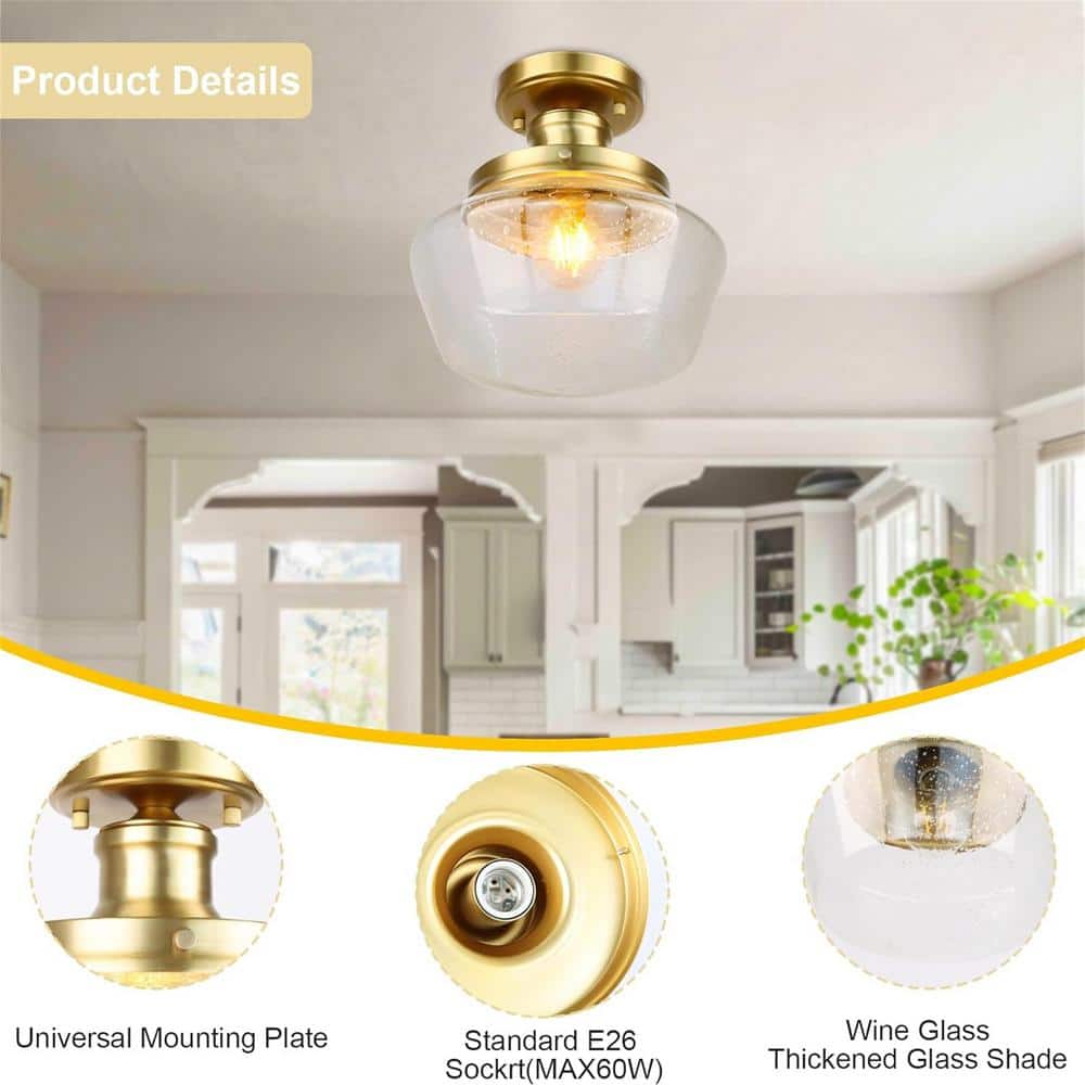 10" Gold Semi-Flush Mount Ceiling Light with Seeded Glass Shade