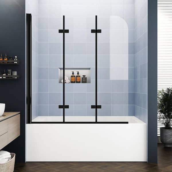 48 in. W x 55 in. H Foldable Pivot Tub Door in Black with Explosion-Proof Film Tempered Clear Glass