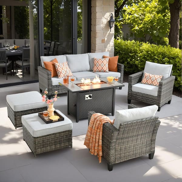 XIZZI Flora 6-Piece Wicker Patio Rectangle Fire Pit Conversation Set with Gray Cushions