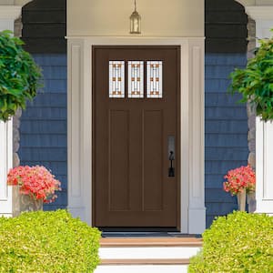 Regency 36 in. x 80 in. 3-Lite Amberton Decorative Glass LHIS Hickory Fir Grain Fiberglass Prehung Front Door