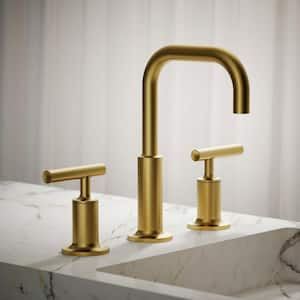 Purist 8 in. Widespread Double Handle Low-Arc Bathroom Faucet in Vibrant Brushed Moderne Brass with Low Gooseneck Spout