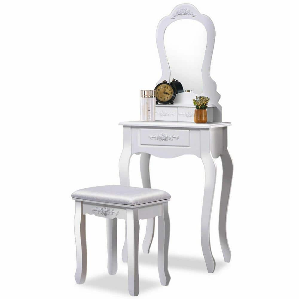 Reviews For Costway 2 Piece White Vanity Jewelry Makeup Dressing Table Set With Stool Drawer Mirror Wood Hw52951wh The Home Depot