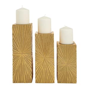 Gold Wood Geometric Carved Pillar Candle Holder (Set of 3)