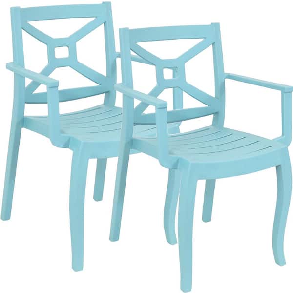 Sunnydaze Tristana Plastic Outdoor Patio Arm Chair in Blue (Set of 2)