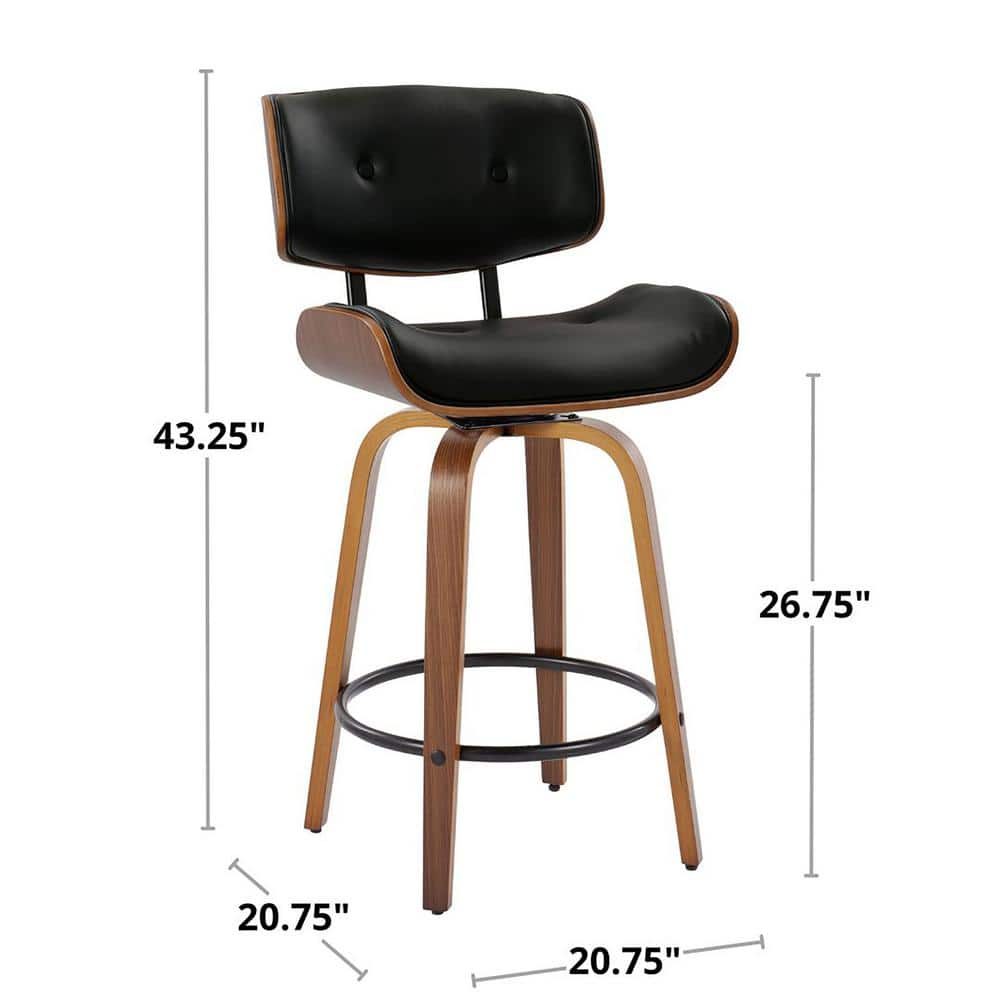 Lombardi 26" Walnut Wood and Black Swivel Counter Stools, Set of 2