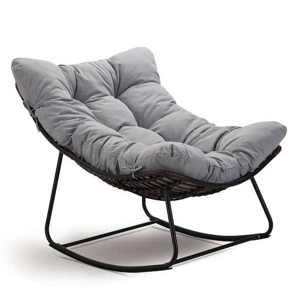 Unbranded Metal Rattan Rope Club Outdoor Rocking Chair with Upholstery and Light Gray Cushion (1-Piece)