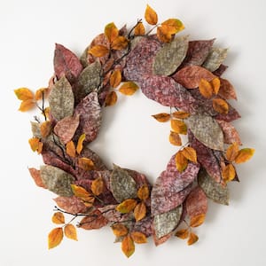 26 in. Artificial Warm Fall Mixed Leaf Wreath For Front Door, Multicolored