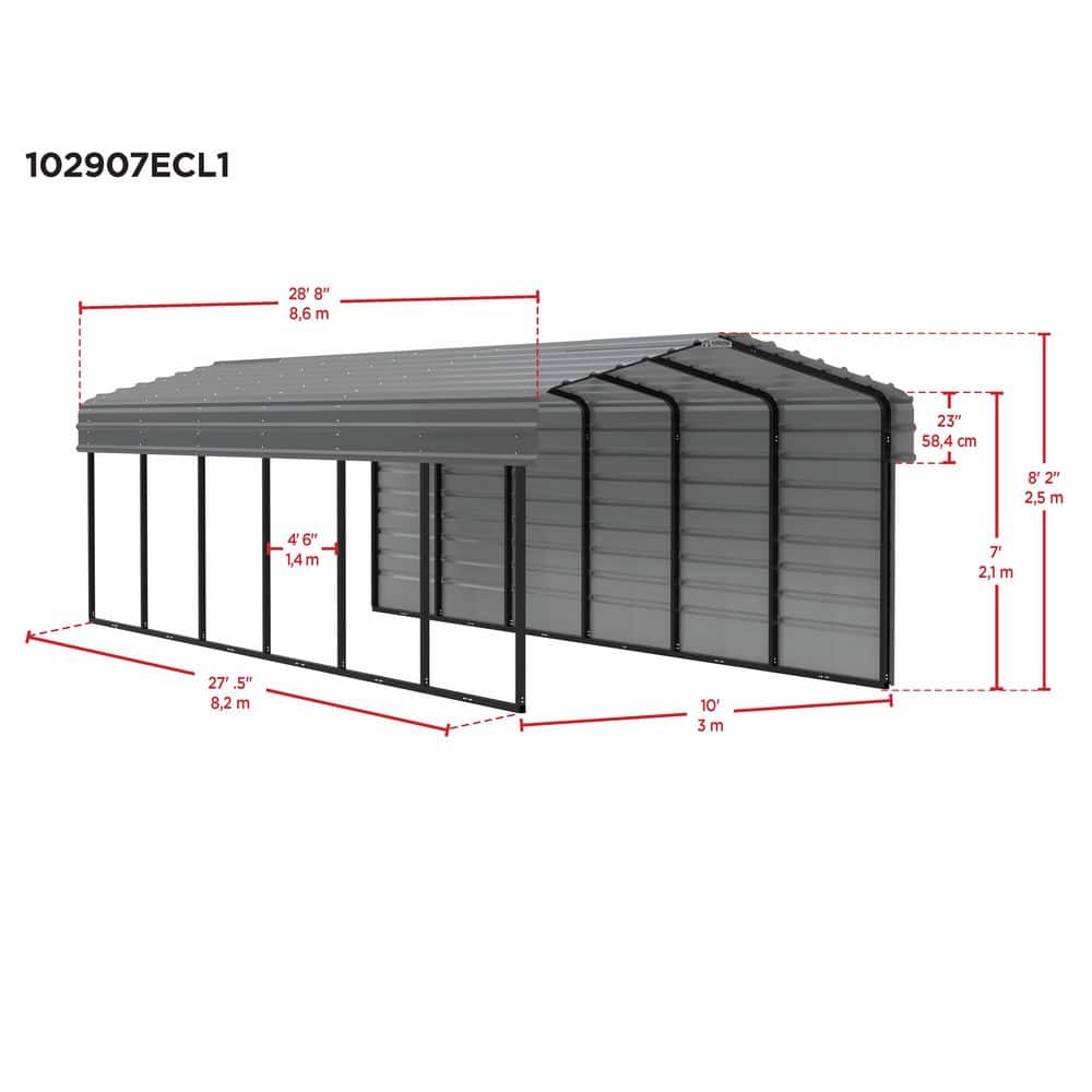 Charcoal Galvanized Steel Carport Kit with 1-Sided Enclosure, 10' x 29' x 7'