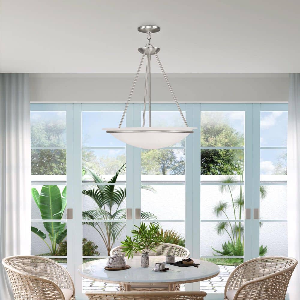 Transitional Brushed Nickel 3-Light Bowl Pendant with White Alabaster Glass