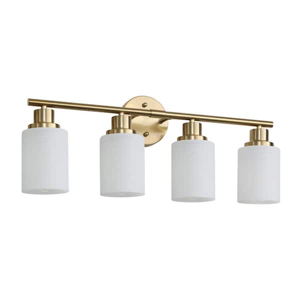 24.4 in. 4-Light Modern Wall Bathroom Mirror Golden Vanity Light with Frosted Glass Shade (Bulb Not Included)