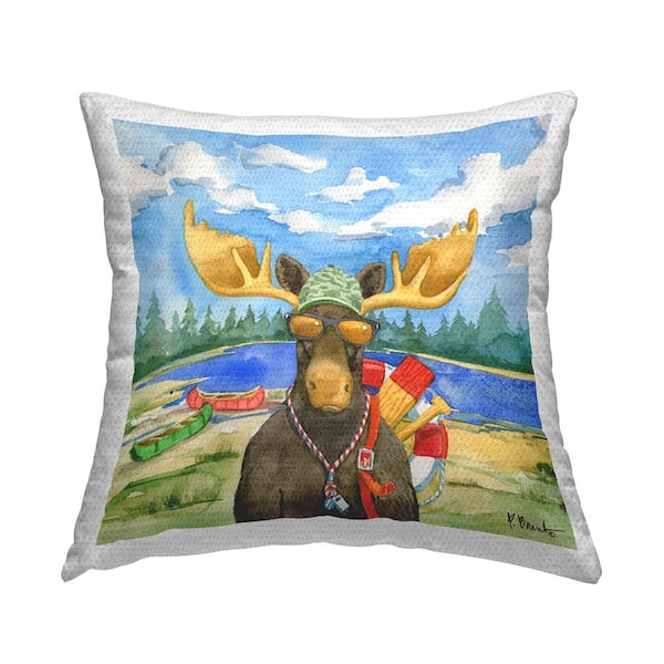 Lake Lifeguard Moose Wildlife Camping Canoes Multi-Color Square Outdoor Throw Pillow