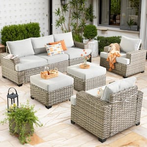 Taylor 7-Piece Wicker Outdoor Patio Conversation Seating Set with Light Gray Cushions