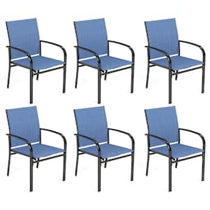 Black Ergonomic Blue Textilene Metal Outdoor Dining Chair with Wave Arms (6-Pack)