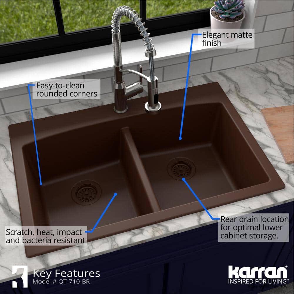 Brown Quartz Double Bowl Kitchen Sink with Curved Rear Walls