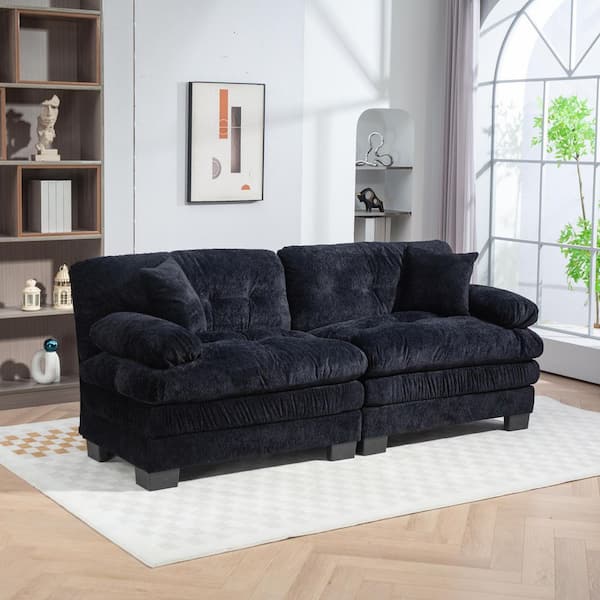 84 in. Dual-Layer Modular Chenille Rectangle Deep Seat Pillow Top Arm Sectional Sofa in Black