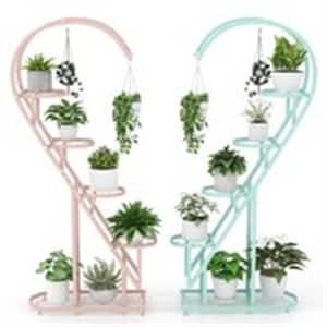 58in. H x 27 in. W x 12 in.D Indoor/Outdoor Pink and Blue Metal Plant Stand with Hanging Hook 5-Tier