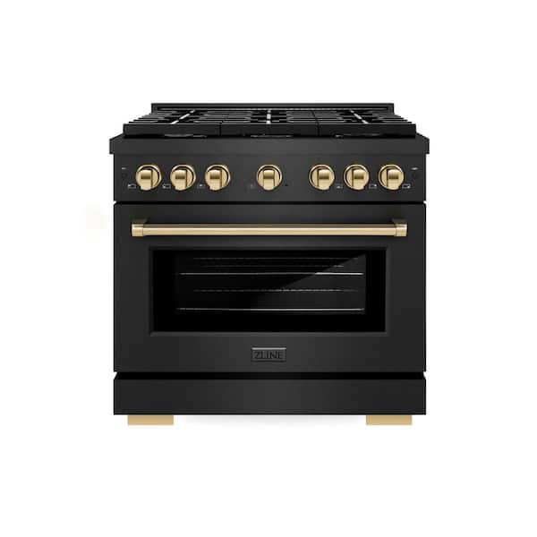 Autograph 36 in. 5.2 cu. ft. Gas Range with 6 Burner Cooktop and Convection Gas Oven in Black Satin and Gold Accents