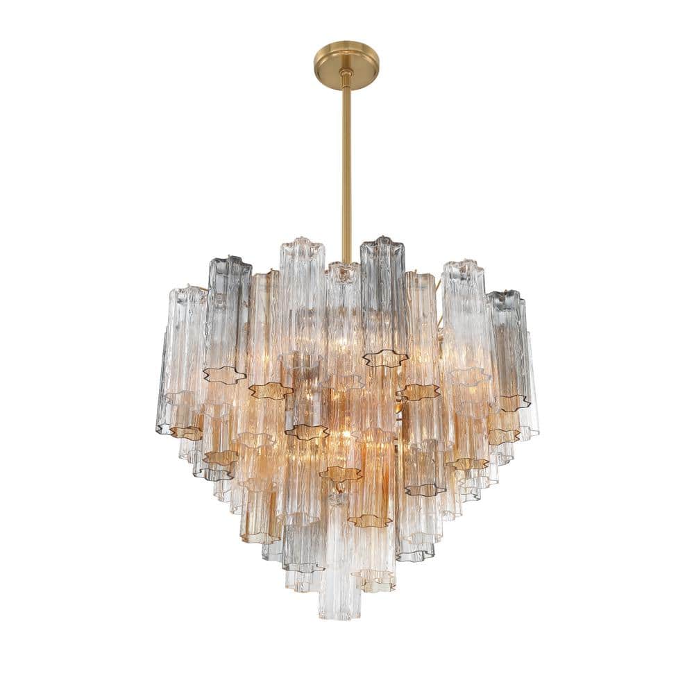 Aged Brass and Crystal 12-Light Chandelier with Tronchi Glass