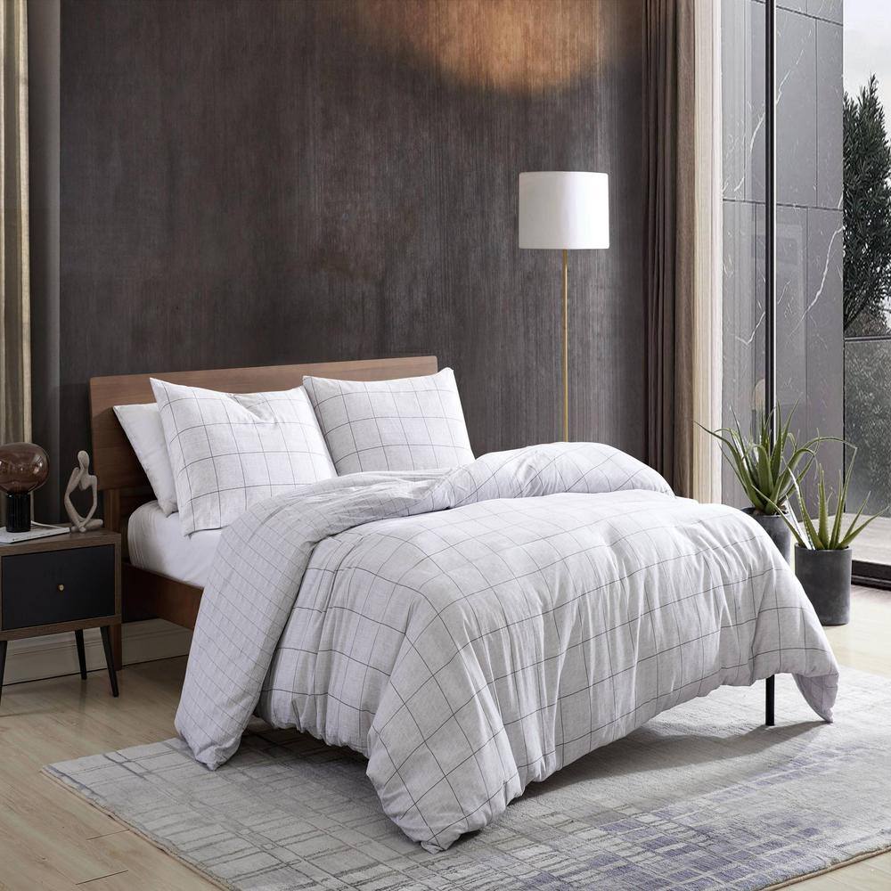 Holden Grid Grey Cotton Full/Queen Duvet Cover Set