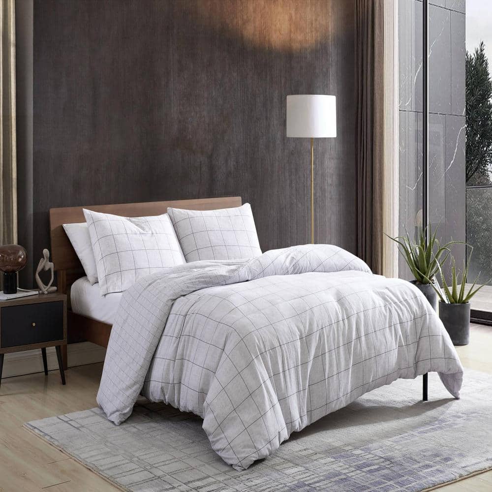 Holden Grid Grey Cotton King Duvet Cover Set