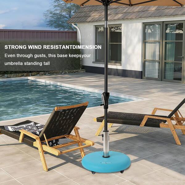 86 lbs brown patio umbrella base with hidden wheels YLLN 86 lbs. Outdoor Patio Umbrella Base with Wheels, Heavy Duty Weighted Free-Standing Design for Stability in Blue