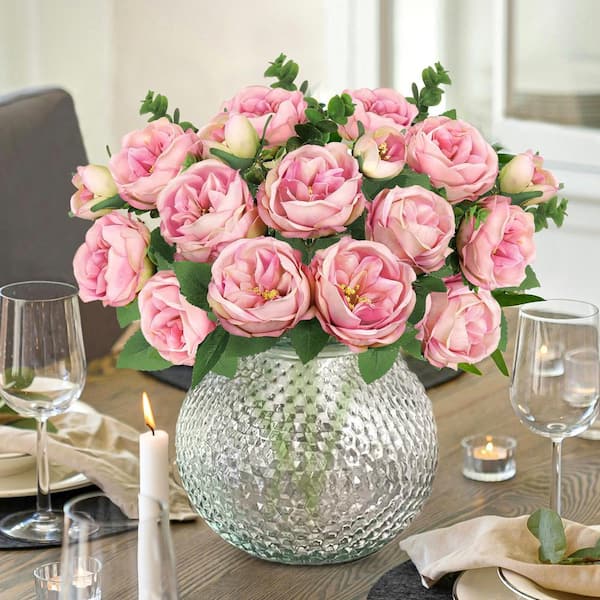 LIVING LUXURY 13 in. Rose Pink Artificial Cabbage Rose Flower Stem