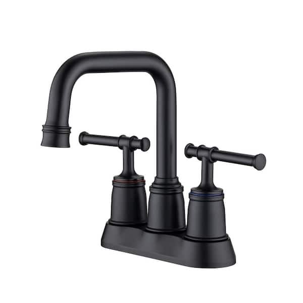 Lukvuzo Modern Commercial 4 in. Centerset Double Handle Low Arc Bathroom Faucet with Drain Kit Included in Matte Black