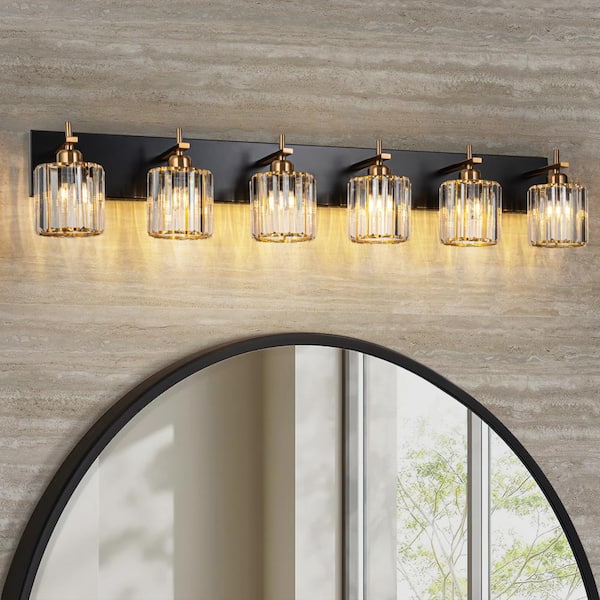 EDISLIVE Orillia 43.3 in. 6-Light Black and Gold Bathroom Vanity Light with Crystal Shade Wall Sconce Over Mirror