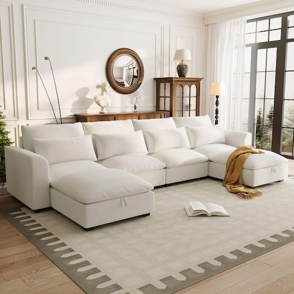 Odette 131.9 in. 6-Piece Upholstered Linen Blend Modular Sectional Sofa in. Beige with Storage Ottomans