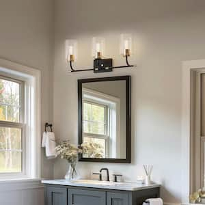 24 in. 3-Light Matte Black Vanity Light with Clear Cylinder Glass Shade Dimmable for Bathroom and No Bulbs Included