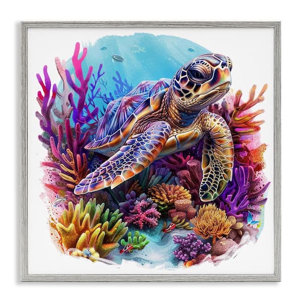 Stupell Industries Turtle and Purple Coral by LSR Design Studio Gray Framed Animal Giclee Art Print 24 in. x 24 in.