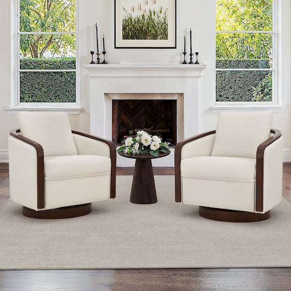 Dove Beige Fabric Swivel Accent Chair With Solid Wood Base Barrel Chair With Arms Set of 2