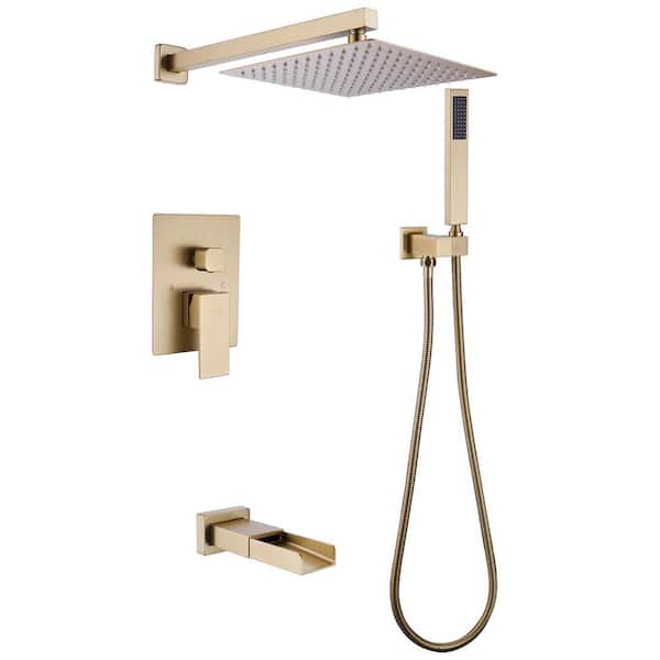 BWE Waterfall Spout Single Handle 3-Spray Square High-Pressure Tub Shower Faucet 2.5 GPM in Brushed Gold (Valve Included)