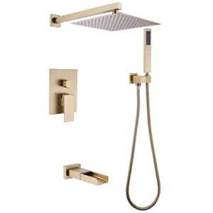 Waterfall Spout Single Handle 3-Spray Square High Pressure Tub and Shower Faucet in Brushed Gold (Valve Included)