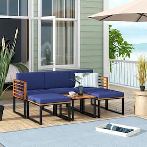 6-Pieces Patio Conversation Sofa Set Acacia Wood Outdoor Furniture Set with Navy Cushions