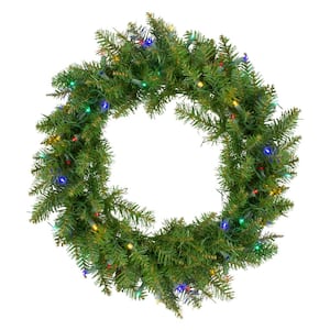 24 in. Green Pre-Lit Rockwood Pine Artificial Christmas Wreath with 50 Multi LED Lights