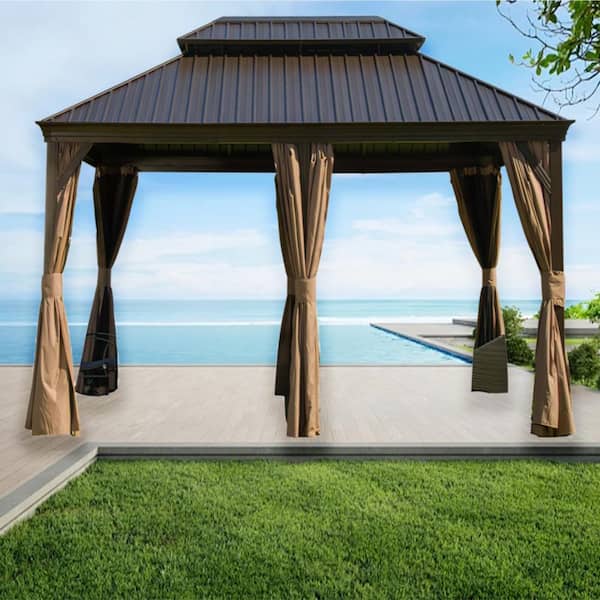12 ft. x 18 ft. Outdoor Brown Aluminum Frame Hardtop Gazebos with Galvanized Steel Double Roof with Curtains and Netting