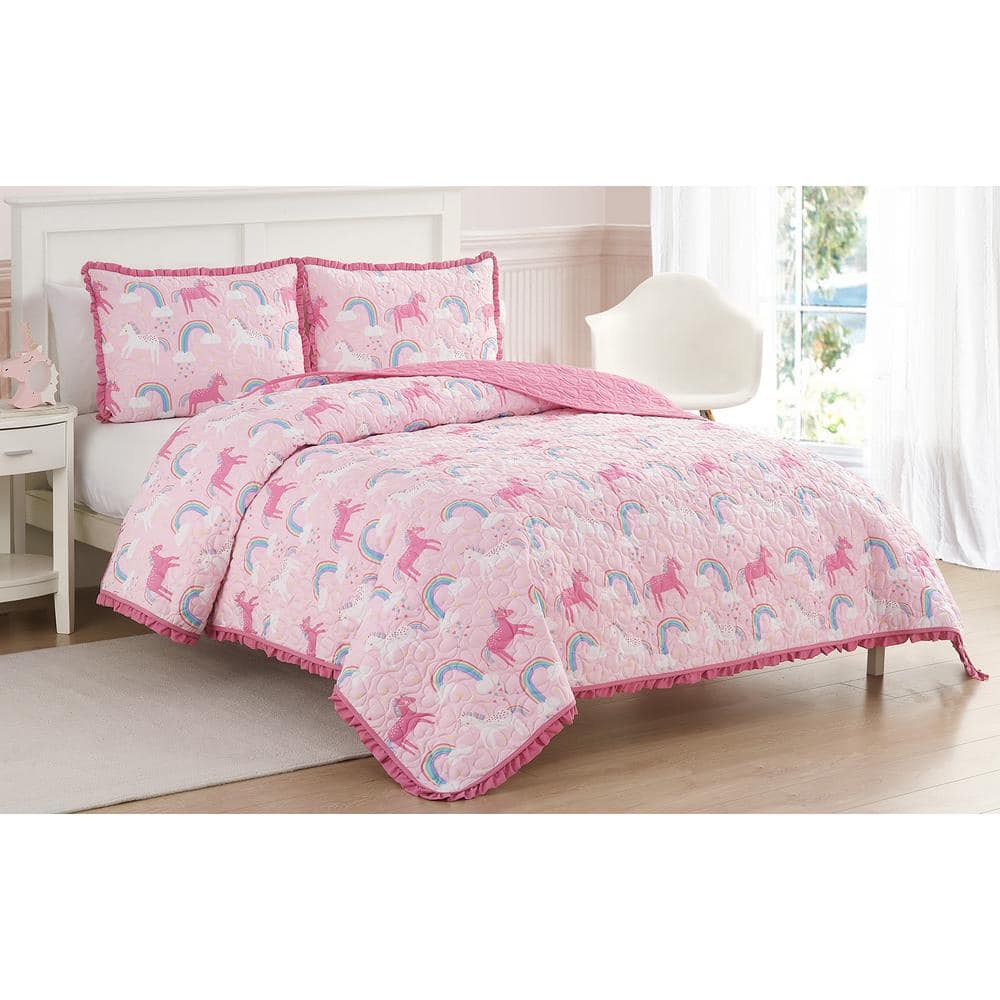 Pink Reversible Microfiber Twin Quilt Set with Unicorns