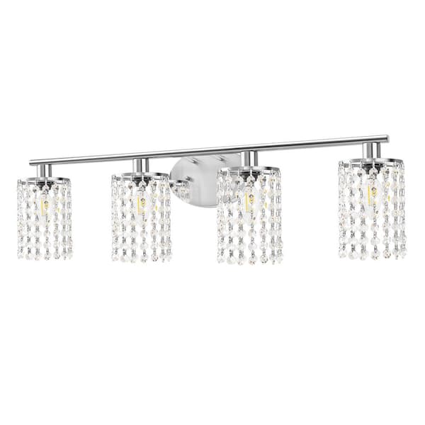 32 in. 4-Light Chrome Crystal Bathroom Vanity Light, Modern Wall Sconce for Bathroom and Kitchen Over Mirror