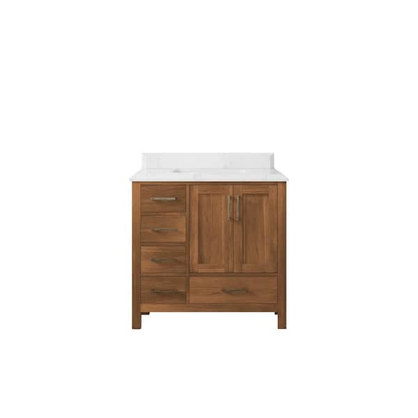 Willow Collections Malibu Teak 36 in. W x 22 in. D x 36 in. H Single Sink Bath Vanity Center in Gold Teak with 1.5" Empira Quartz Top