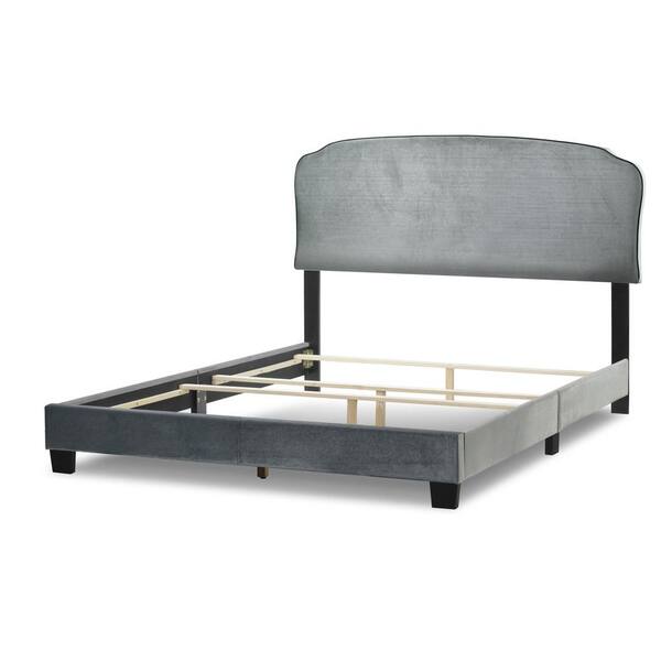 Glamour Home Aric Silver Grey Velvet Queen Bed with Contrasting Piping Accent