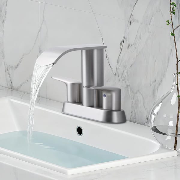 Waterfall 4 in. Centerset Double-Handle Bathroom Sink Faucet, Modern Faucet with Pop Up Drain in Brushed Nickel