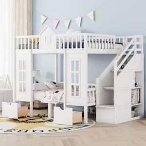 White Full Over Full Bunk Bed with Changeable Table, Storage Staircases and 2-Drawers