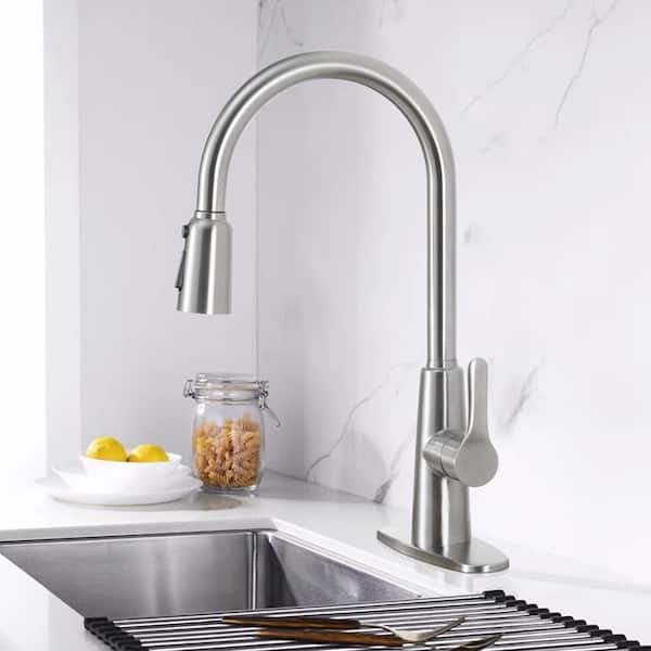 Single Handle 3 Way Setting Pull Out Sprayer Kitchen Faucet Deckplate Included in Brushed Nickle